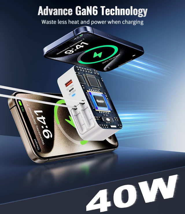 Alt view image 3 of 7 - 4 in 1 Retractable Wall Charger,40W Retractable Phone Charger Wall Plug | Foldable Plug,USBC & A Ports,20W USB C Chargers Block Fast Charging for iPhone 17 16 15 14 13,LG,Galaxy S25 S24 23,Pixel,LG