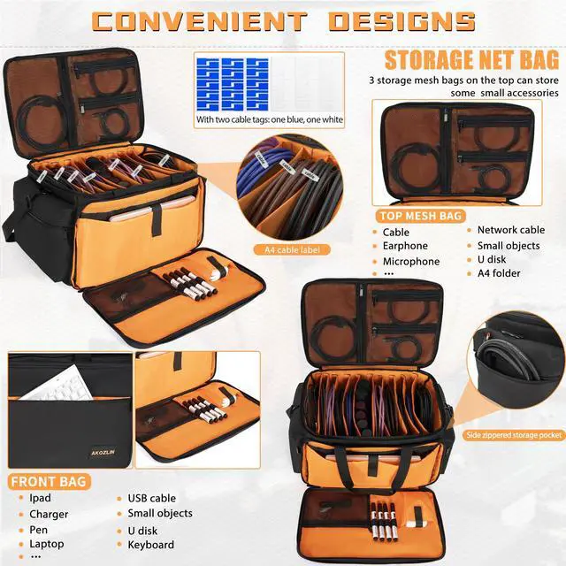 Alt view image 2 of 7 - Cable File Bag with Dividers for Sound Instrument Accessories | 8 Detachable Dividers, DJ Gig Bag Cord Organizer Case for Laptop,DJ Gear,Music Equipment Accessories 16"x11"x10"