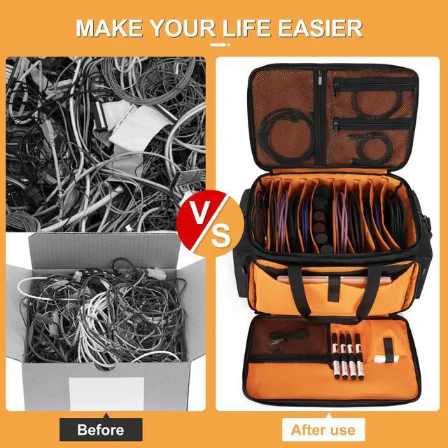 Alt view image 6 of 7 - Cable File Bag with Dividers for Sound Instrument Accessories | 8 Detachable Dividers, DJ Gig Bag Cord Organizer Case for Laptop,DJ Gear,Music Equipment Accessories 16"x11"x10"
