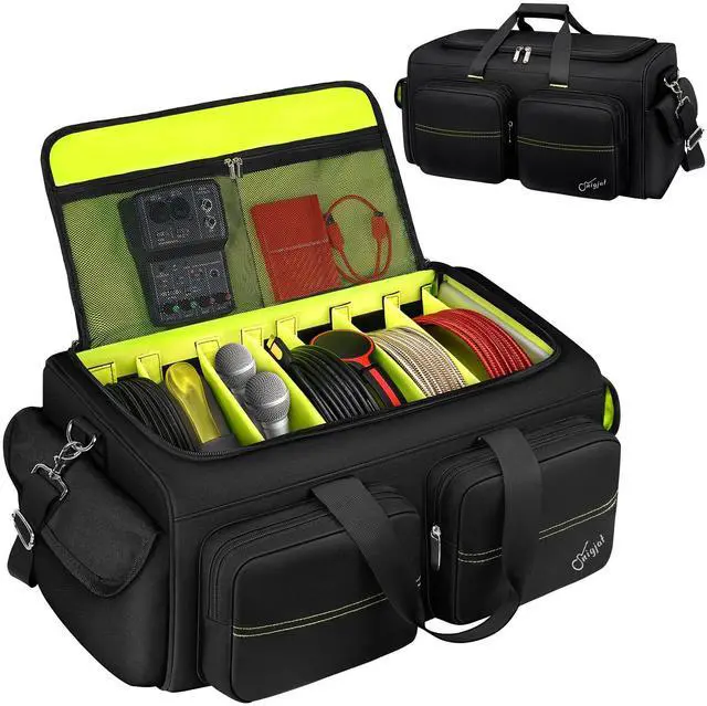 Main image of DJ Bag, Large DJ Cable Bag with Detachable Dividers & Bottom Pad | Gig Bag for Musicians with 6 Pockets for Extension Cords, Mics, Cable Organizer Bag with Shoulder Strap, DJ Accessories