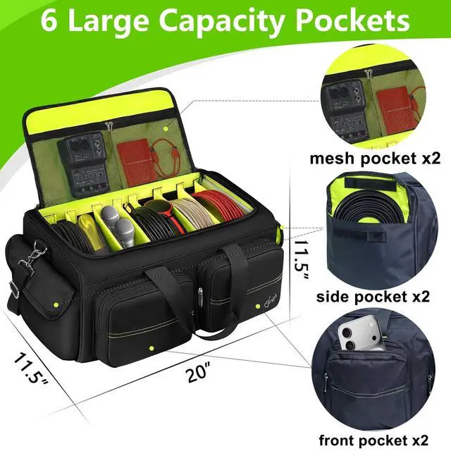 Alt view image 3 of 7 - DJ Bag, Large DJ Cable Bag with Detachable Dividers & Bottom Pad | Gig Bag for Musicians with 6 Pockets for Extension Cords, Mics, Cable Organizer Bag with Shoulder Strap, DJ Accessories