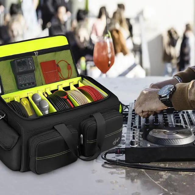 Alt view image 7 of 7 - DJ Bag, Large DJ Cable Bag with Detachable Dividers & Bottom Pad | Gig Bag for Musicians with 6 Pockets for Extension Cords, Mics, Cable Organizer Bag with Shoulder Strap, DJ Accessories
