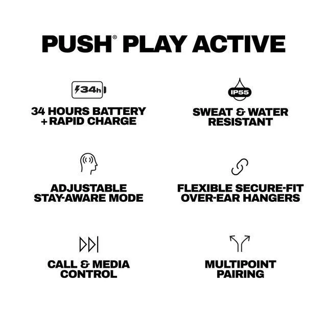 Alt view image 7 of 7 - Push Play Active Wireless Earbuds - Preppy Blue | In-Ear Hanger, Bluetooth, Noise Isolating 58 Hours Battery, Sweat and Water Resistant, Microphone, Running Outdoors, Exercise