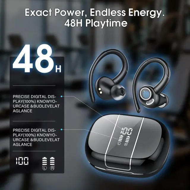 Alt view image 5 of 7 - Wireless Sports Earbuds with Secure Earhooks, 48H Deep Bass/ENC Mic Ear Bud | Wireless Earphone with LED Display, Bluetooth 5.3 Headphones In Ear, IPX7 Waterproof Over Ear Buds for Running/Workout