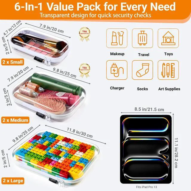 Alt view image 4 of 7 - Clear Hard Shell Zipper Cases, Diaper Bag Organizer Pouches, White | Rigid clear shells in three practical sizes organize toiletries, cosmetics, cables, stationery and household essentials