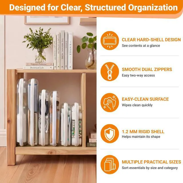 Alt view image 6 of 7 - Clear Hard Shell Zipper Cases, Diaper Bag Organizer Pouches, White | Rigid clear shells in three practical sizes organize toiletries, cosmetics, cables, stationery and household essentials