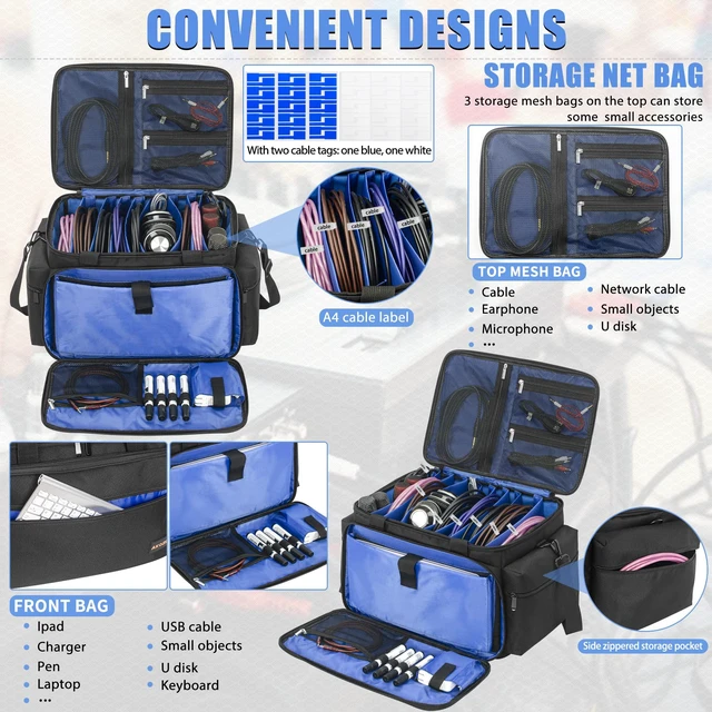 Alt view image 2 of 7 - Cable File Bag with Dividers for Sound Instrument Accessories | 6 Detachable Dividers, DJ Gig Bag Cord Organizer Case for Laptop,DJ Gear,Music Equipment Accessories 15"x12"x12"