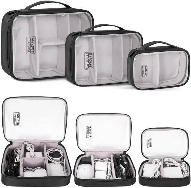 Main image of Cable Organizer Bag, Padded Electronic Organizer Travel Case | Double Layer Cord Organizer Case 3pcs/set, DJ Cable File Accessories Bag with Adjustable Divider, Clear