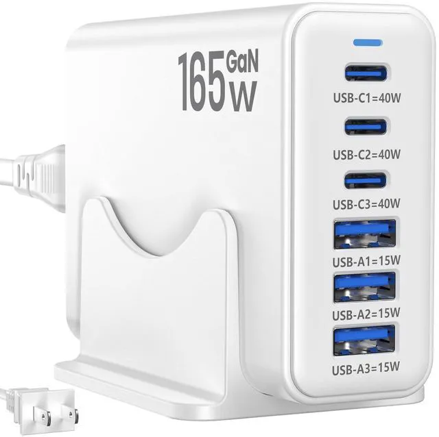 Main image of 165W Charging Station, 6 Port Desktop Charger, 3 Ports 40W White | USB Charger Block, 3 x USB A 15W, 3 x USB C 40W, Compatible with iPhone, Galaxy, MacBook, iPad, Home Office, Travel and More
