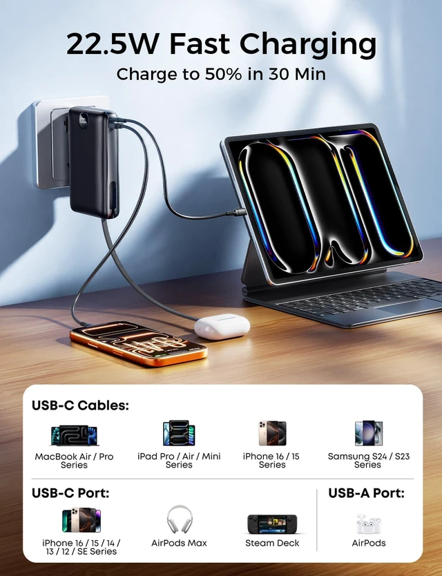 Alt view image 6 of 7 - Portable Charger Power Bank 50000mAh Massive Capacity with Wall Plug Black | Built-in USB-C & iOS Cables, 22.5W Fast Charging Battery Pack with LED Display, Travel Essential for Camping, iPhone