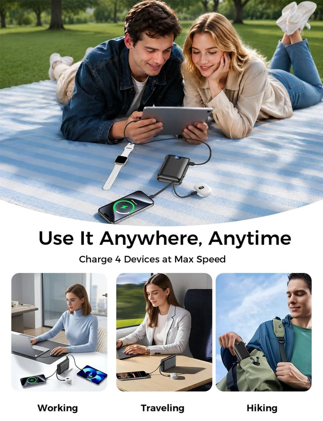 Alt view image 7 of 7 - Portable Charger Power Bank 50000mAh Massive Capacity with Wall Plug Black | Built-in USB-C & iOS Cables, 22.5W Fast Charging Battery Pack with LED Display, Travel Essential for Camping, iPhone