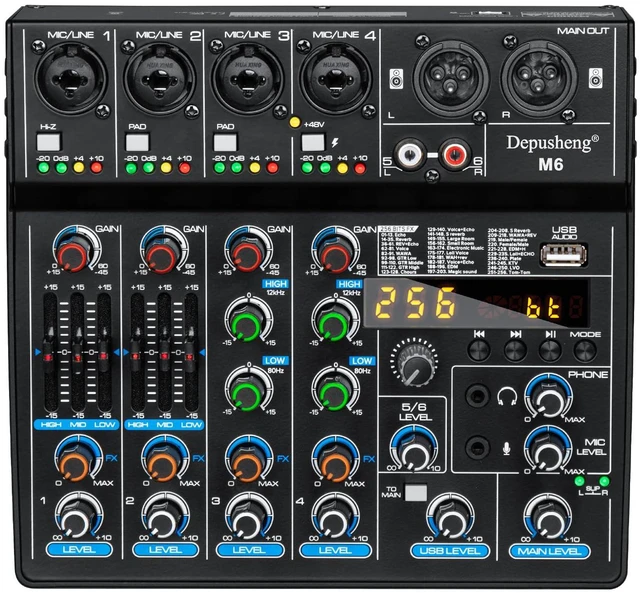 Main image of M6 Portable Mini Mixer 6-Channel Audio Mixer DJ Console with Sound Card, Bluetooth Function, USB, 48V Phantom Power for PC Recording Webcast Party with 256 DSP