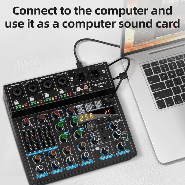 Alt view image 2 of 7 - M6 Portable Mini Mixer 6-Channel Audio Mixer DJ Console with Sound Card, Bluetooth Function, USB, 48V Phantom Power for PC Recording Webcast Party with 256 DSP
