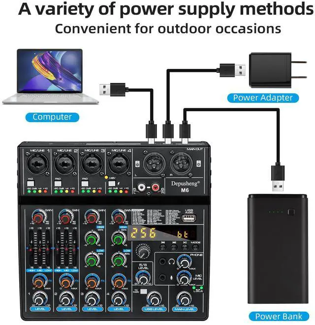 Alt view image 3 of 7 - M6 Portable Mini Mixer 6-Channel Audio Mixer DJ Console with Sound Card, Bluetooth Function, USB, 48V Phantom Power for PC Recording Webcast Party with 256 DSP