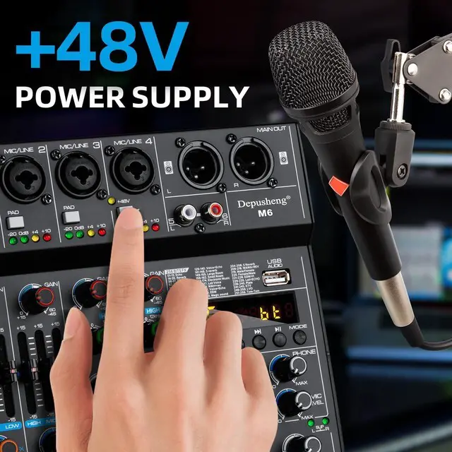 Alt view image 4 of 7 - M6 Portable Mini Mixer 6-Channel Audio Mixer DJ Console with Sound Card, Bluetooth Function, USB, 48V Phantom Power for PC Recording Webcast Party with 256 DSP