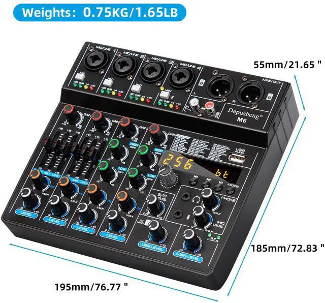 Alt view image 6 of 7 - M6 Portable Mini Mixer 6-Channel Audio Mixer DJ Console with Sound Card, Bluetooth Function, USB, 48V Phantom Power for PC Recording Webcast Party with 256 DSP