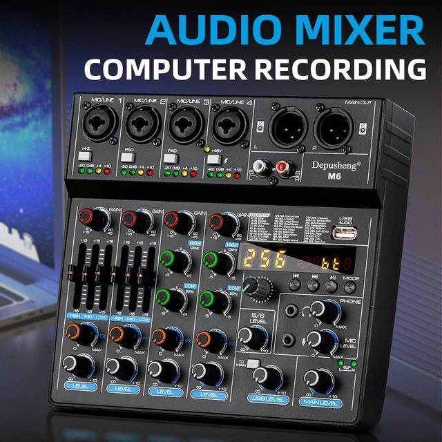 Alt view image 7 of 7 - M6 Portable Mini Mixer 6-Channel Audio Mixer DJ Console with Sound Card, Bluetooth Function, USB, 48V Phantom Power for PC Recording Webcast Party with 256 DSP
