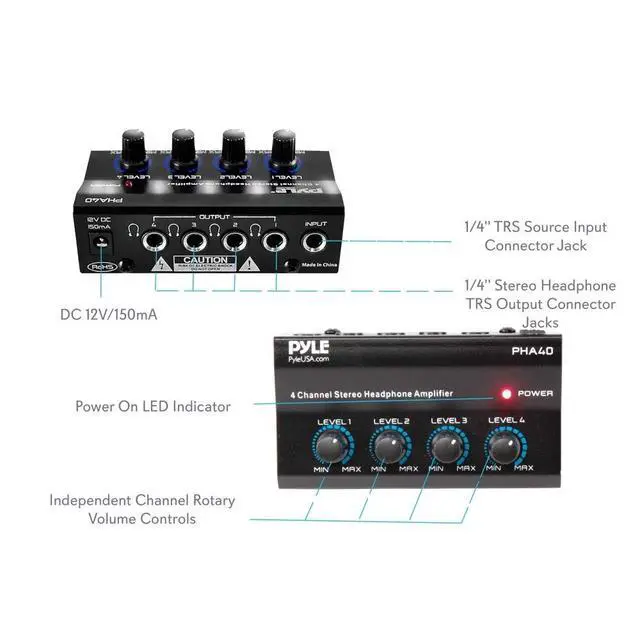 Alt view image 2 of 6 - 4-Channel Portable Stereo Headphone Amplifier - Professional Multi Channel Mini Earphone Splitter Amp w/ 4 ¼ Balanced TRS Headphones Output Jack and 1/4" TRS Audio Input For Sound Mixer - BLACK