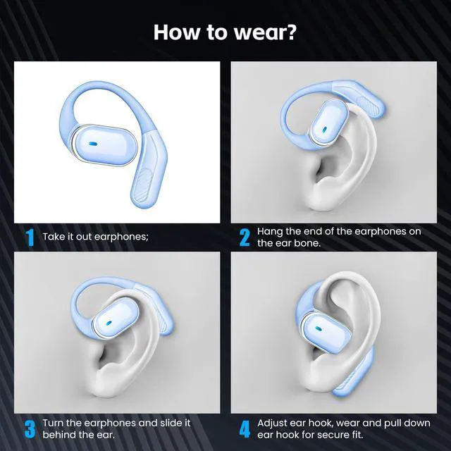 Alt view image 4 of 7 - Open Ear Wireless Earbuds Bluetooth Headphones, 80H Playtime Stereo Ear Buds with ENC Noise Cancelling, Fast Charging, IPX7 Waterproof Sports Earphones with Earhook for Running/Workouts (Blue)