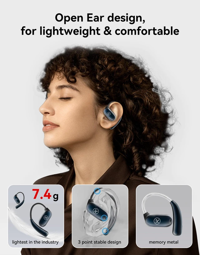 Alt view image 2 of 7 - True Wireless Open Ear Headphones, Bluetooth 5.3 Wireless Earbuds with Mic, Dual Link Open Owls Hanging Earphones Lightweight 7.3g 60Hrs Playtime,for Sports Running Workout (Grey - Black)