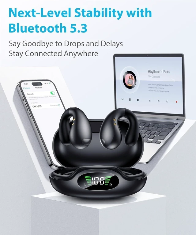 Alt view image 7 of 7 - Ultra Open Ear Earbuds - Ergonomic Clip-On Earbuds, Small Bone Conduction Over-The-Ear Headphones with Waterproof Design, Perfect Running Headphones for Sports and Fitness, Onyx Black
