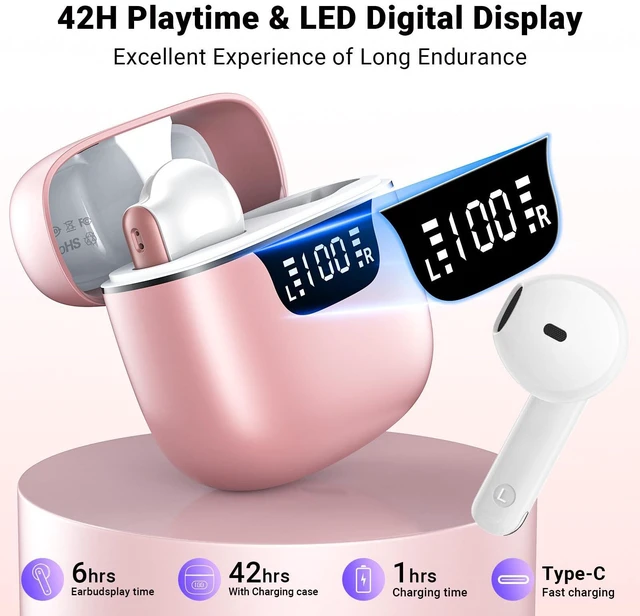 Alt view image 2 of 6 - Wireless Earbuds, Bluetooth 5.4 Headphones with 42H Ultralight Ear Buds,Bluetooth Earbuds with 4 ENC Noise Cancelling Mics, HiFi Deep Bass Dual LED Display Waterproof Earphones for Android iOS, Rose