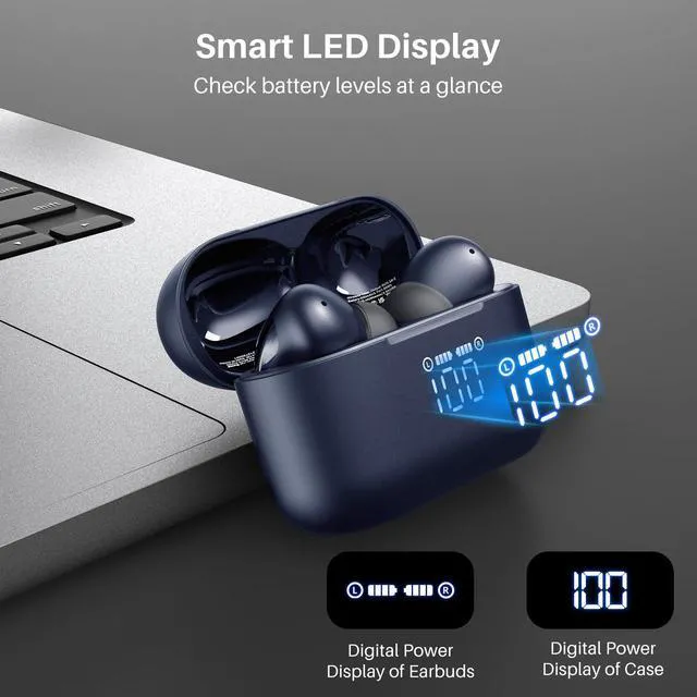 Alt view image 2 of 7 - Wireless Earbuds 97H Playtime, Wireless Charging LED Display Case | 10mm Deep Bass Sound, Dual Mic ENC Clear Calls, IPX8 Waterproof, Bluetooth 5.3, Comfortable Fit Ear Buds For Daily Use, Blue