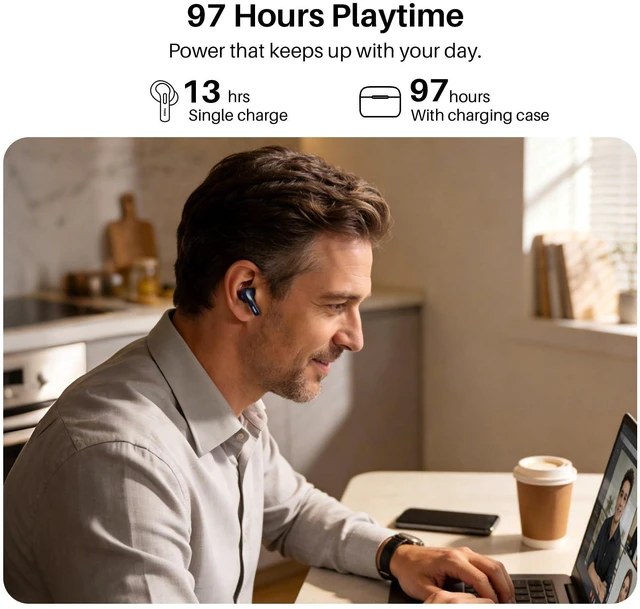 Alt view image 6 of 7 - Wireless Earbuds 97H Playtime, Wireless Charging LED Display Case | 10mm Deep Bass Sound, Dual Mic ENC Clear Calls, IPX8 Waterproof, Bluetooth 5.3, Comfortable Fit Ear Buds For Daily Use, Blue