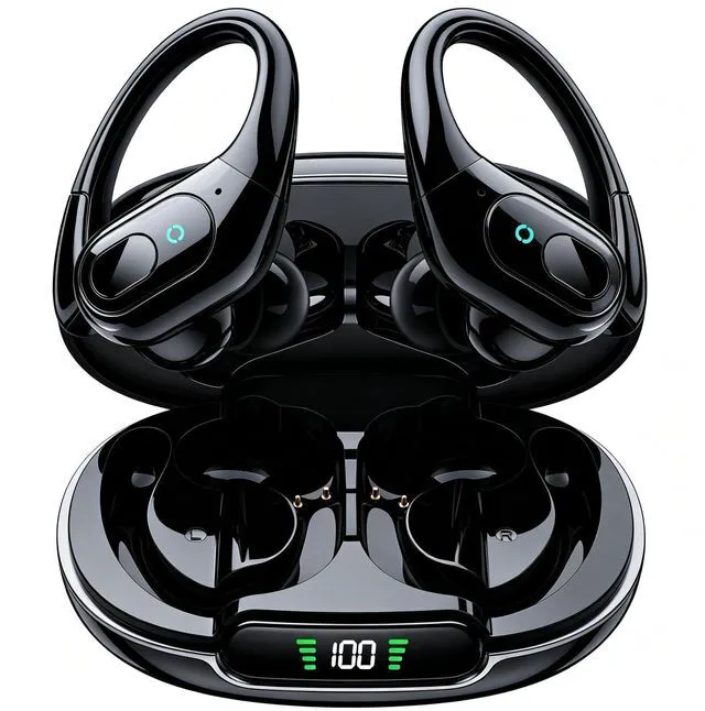 Main image of Active Noise Cancelling Earbuds Wireless Bluetooth Headphones | Ear Buds 90Hrs Playback Stereo Bass Earphones with Mic Over-Ear Hooks IPX7 Waterproof Headset for Sports Running Glossy Black