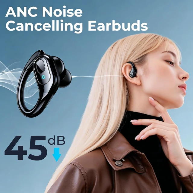 Alt view image 2 of 7 - Active Noise Cancelling Earbuds Wireless Bluetooth Headphones | Ear Buds 90Hrs Playback Stereo Bass Earphones with Mic Over-Ear Hooks IPX7 Waterproof Headset for Sports Running Glossy Black