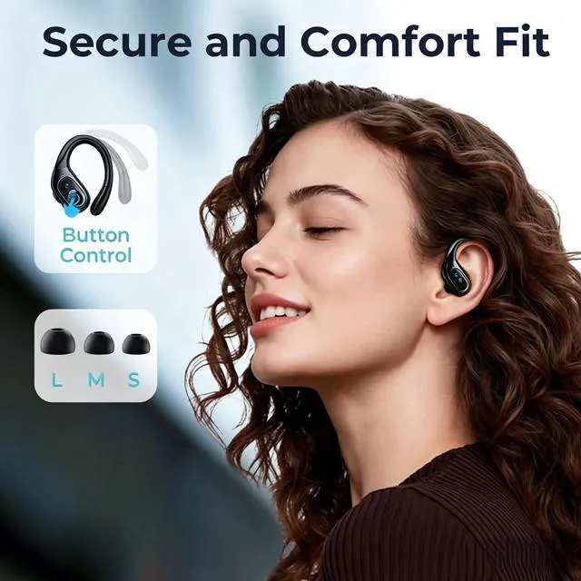 Alt view image 5 of 7 - Active Noise Cancelling Earbuds Wireless Bluetooth Headphones | Ear Buds 90Hrs Playback Stereo Bass Earphones with Mic Over-Ear Hooks IPX7 Waterproof Headset for Sports Running Glossy Black