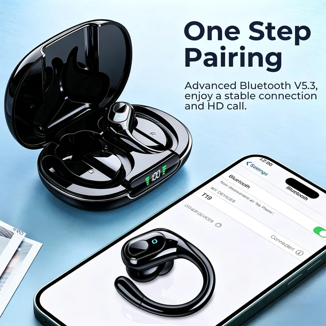 Alt view image 6 of 7 - Active Noise Cancelling Earbuds Wireless Bluetooth Headphones | Ear Buds 90Hrs Playback Stereo Bass Earphones with Mic Over-Ear Hooks IPX7 Waterproof Headset for Sports Running Glossy Black