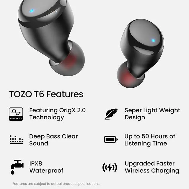 Alt view image 2 of 7 - T6 Wireless Earbuds Bluetooth 5.3 Stereo Sound in Ear Headphones | OrigX Stereo Deep Bass, 50H Playtime, Lighter Ear buds, IPX8 Waterproof, wireless Charging Case, 32 EQs via APP Dark Black