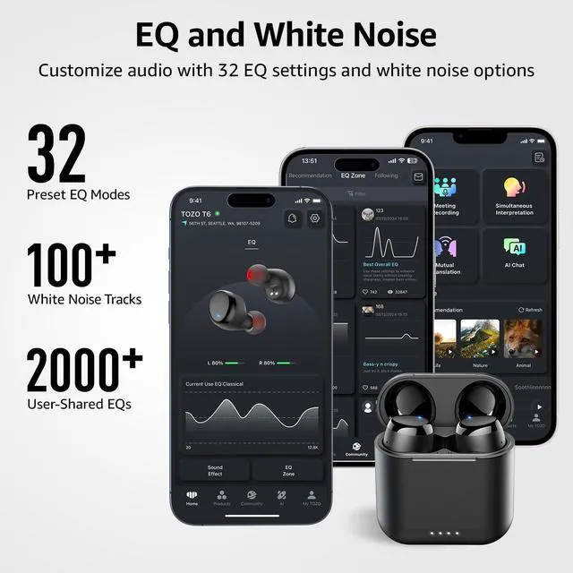 Alt view image 7 of 7 - T6 Wireless Earbuds Bluetooth 5.3 Stereo Sound in Ear Headphones | OrigX Stereo Deep Bass, 50H Playtime, Lighter Ear buds, IPX8 Waterproof, wireless Charging Case, 32 EQs via APP Dark Black