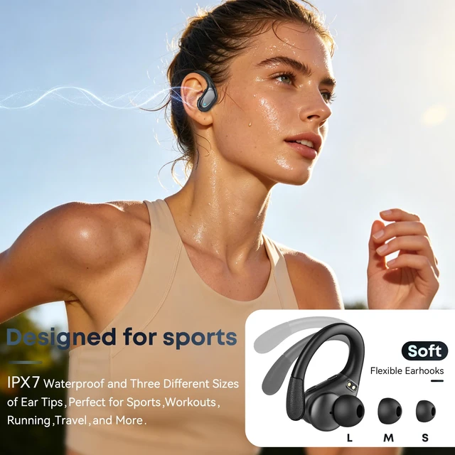 Alt view image 2 of 7 - Wireless Earbuds, Sports Bluetooth Headphones, Noise Canceling Ear Buds with 80hr Playtime, LED Power Display, IPX7 Waterproof Earphones for Gym/Workout
