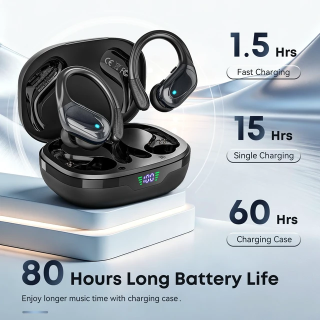 Alt view image 3 of 7 - Wireless Earbuds, Sports Bluetooth Headphones, Noise Canceling Ear Buds with 80hr Playtime, LED Power Display, IPX7 Waterproof Earphones for Gym/Workout