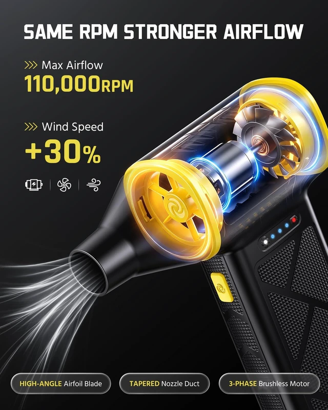 Alt view image 3 of 7 - Compressed Air Duster, 110000RPM Ultra-Powerful Electric Air Duster, 3-Speed Cordless Turbo Air Blower, Rechargeable Dust Cleaner for Car Detailing, Keyboard, PC, Home & Outdoor