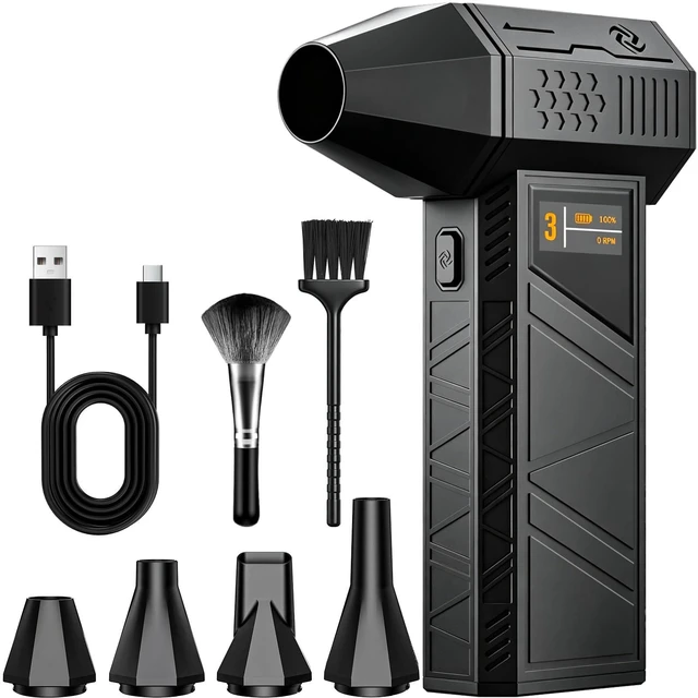 Main image of Electric Air Duster, Powerful Turbo Fan 3 Speed Compressed Air Duster | 87.5 m/s Airflow, Brushless Motor, Cordless, 2 Brushes, Digital Display, Handheld Air Blower for Keyboard, PC, Car & Outdoor