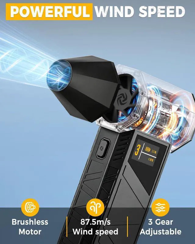 Alt view image 2 of 7 - Electric Air Duster, Powerful Turbo Fan 3 Speed Compressed Air Duster | 87.5 m/s Airflow, Brushless Motor, Cordless, 2 Brushes, Digital Display, Handheld Air Blower for Keyboard, PC, Car & Outdoor