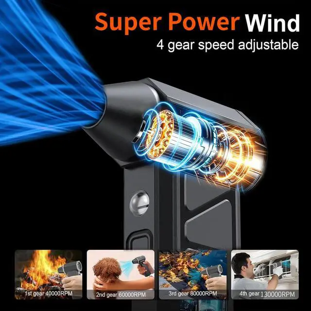 Alt view image 3 of 7 - Compressed Air Duster -Turbo Fan,130000RPM Cordless Electric Air Blower | 4-speed adjustable rechargeable Air Duster for PC, Keyboards, Cars,Jet Dry Handheld Blower for Office and Home Cleaning