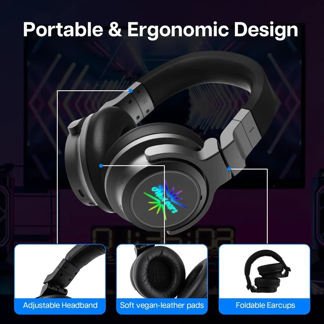 Alt view image 3 of 5 - Kiwi Ears Aventus Bluetooth 5.4 Wireless DJ Studio Headphones Dual Dynamic Driver, with Hybrid ANC, Low-latency, Up to 82H Playtime, Custom RGB Lighting for DJs Audiophiles Gamers