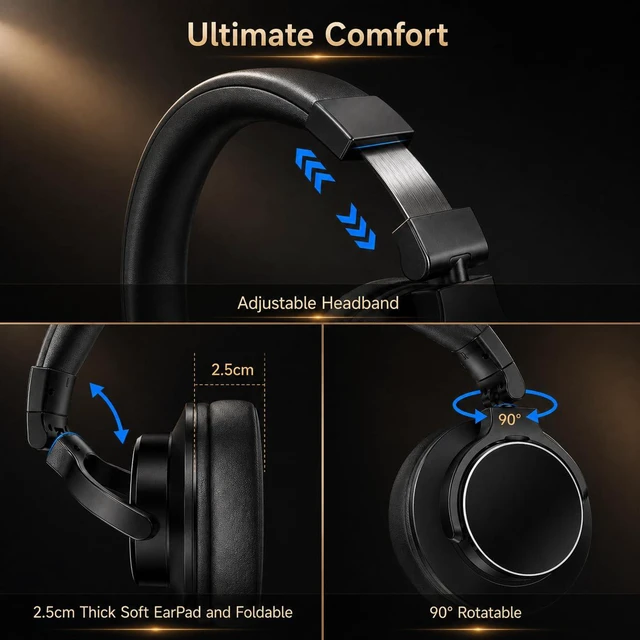 Alt view image 3 of 7 - Wireless Over Ear Headphones, 1/4" to 3.5mm Jack for DJ, Mixing, Recording | 50mm Drivers, 100H Playtime, Bluetooth 5.4, Hi-Fi Sound, Self-Monitoring, 90° Swivel Ear Cups, Black