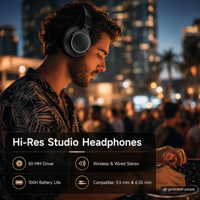 Alt view image 2 of 7 - Wireless Over Ear Headphones, 1/4" to 3.5mm Jack for DJ, Mixing, Recording | 50mm Drivers, 100H Playtime, Bluetooth 5.4, Hi-Fi Sound, Self-Monitoring, 90° Swivel Ear Cups, Black