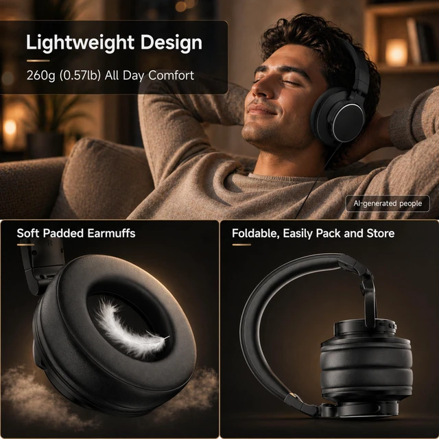 Alt view image 4 of 7 - Wireless Over Ear Headphones, 1/4" to 3.5mm Jack for DJ, Mixing, Recording | 50mm Drivers, 100H Playtime, Bluetooth 5.4, Hi-Fi Sound, Self-Monitoring, 90° Swivel Ear Cups, Black