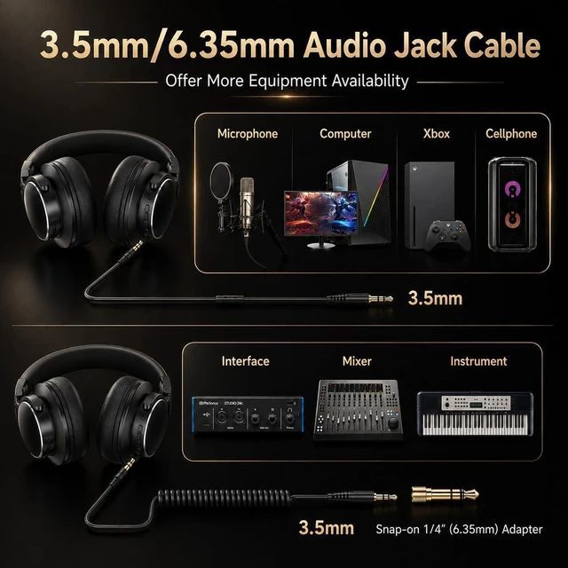 Alt view image 6 of 7 - Wireless Over Ear Headphones, 1/4" to 3.5mm Jack for DJ, Mixing, Recording | 50mm Drivers, 100H Playtime, Bluetooth 5.4, Hi-Fi Sound, Self-Monitoring, 90° Swivel Ear Cups, Black
