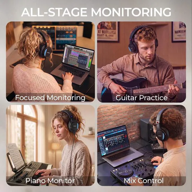 Alt view image 7 of 7 - Studio Headphones Wired, Hi-Res Over Ear Headphones with 1/4 inch to 3.5mm Adapter, Lightweight Closed Back Monitor Headphones for Piano Guitar AMP Recording Mixer Amplifier