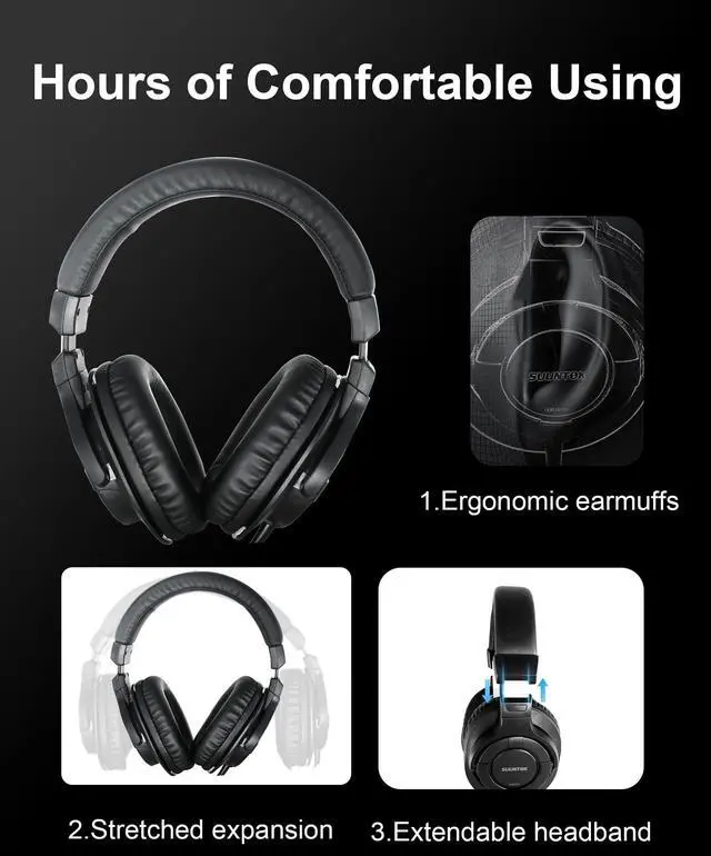 Alt view image 4 of 7 - Over Ear Wired Headphones MR810, Studio Monitor Headset with Closed Back Design Flexibale Professional Stereo Headphone with 3m Cable for Studio Monitering, Recording, Podcasting (Black)