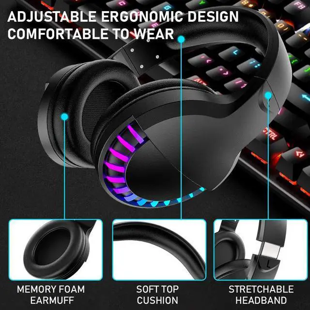 Alt view image 7 of 7 - Wireless RGB Bluetooth Gaming Headphone with Noise Cancellation-Black | HiFi Stereo Sound,Deep Bass,Protein Earpad,Rainbow Backlit,Rechageable,Over Ear Headset for PC Mac Game Travel Class Office