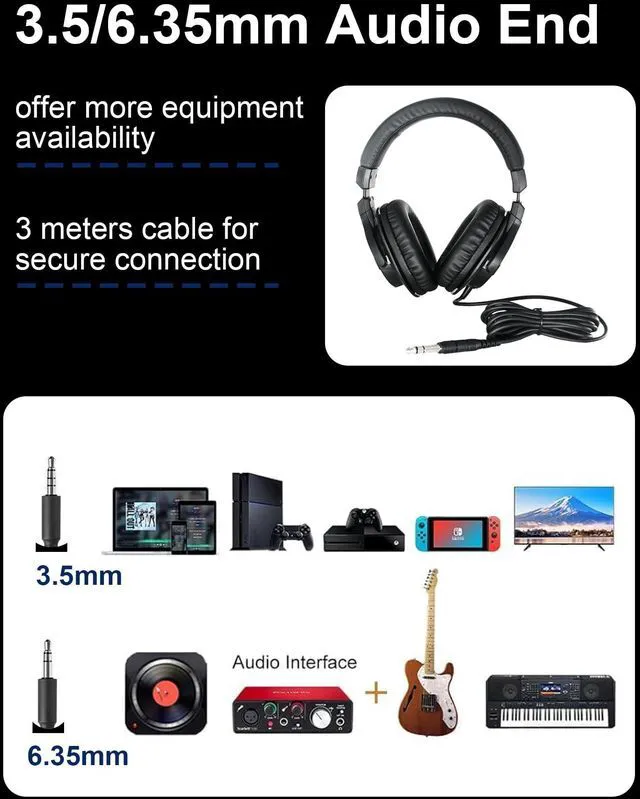 Alt view image 5 of 7 - Over Ear Wired Headphones MR810, Studio Monitor Headset with Closed Back Design Flexibale Professional Stereo Headphone with 3m Cable for Studio Monitering, Recording, Podcasting (Black)
