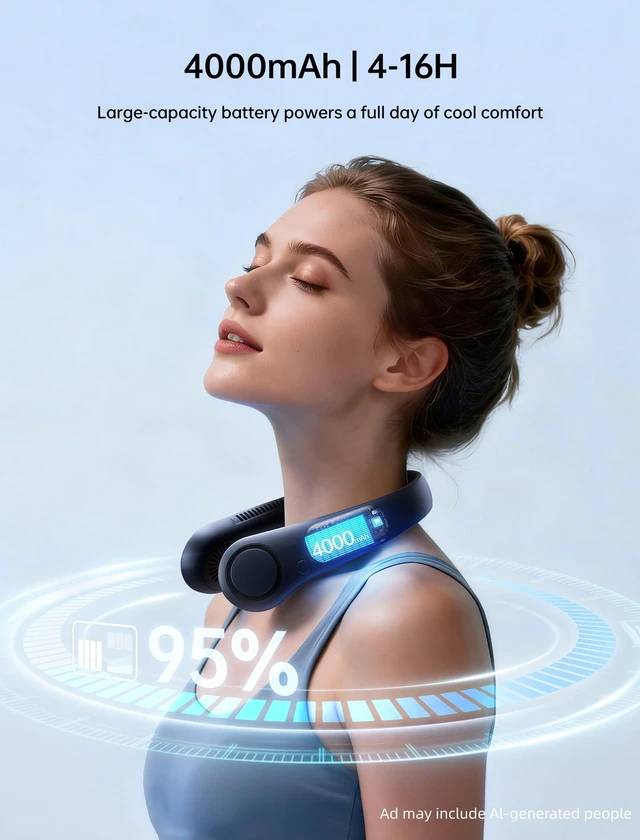 Alt view image 5 of 7 - Portable Neck Fan, Hands Free Bladeless Fan, 5 Speeds, 4000 mAh | Battery Operated Wearable Personal Fan, Twistable, Rechargeable Travel Essentials, Gifts for Women Men-Blue